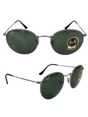 RAY BAN Icons 53mm Retro Round Metal Sunglasses NEW Matte Gunmetal Crystal Green